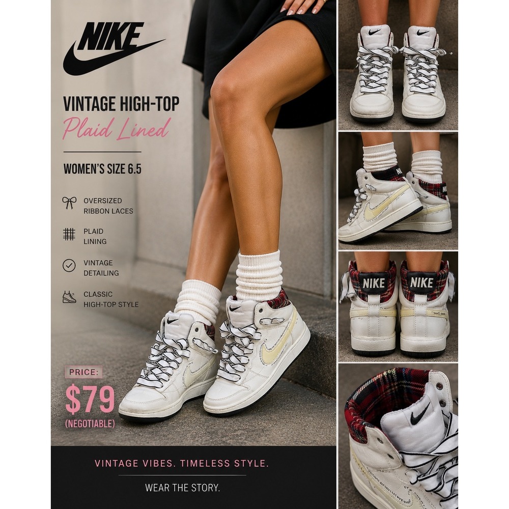 Nike Vintage High Top Plaid Lined White Leather Ribbon Lace Sneakers 313722-131